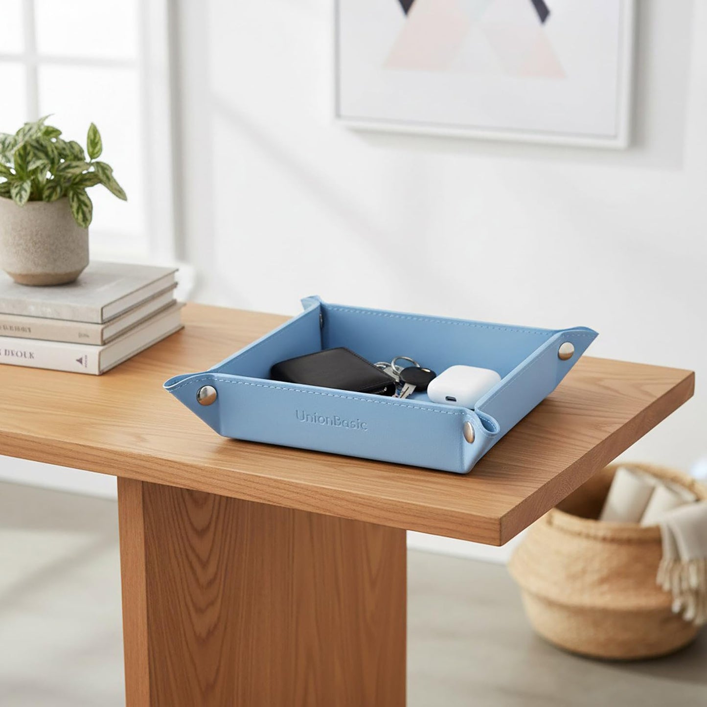 UnionBasic Small Valet Tray, Jewelry Tray for Rings Watches Earrings, Entryway Catchall Caddy for Coins Keys Change, Nightstand Bedside Valet Holder, Trays for Electronic Gadgets, Blue