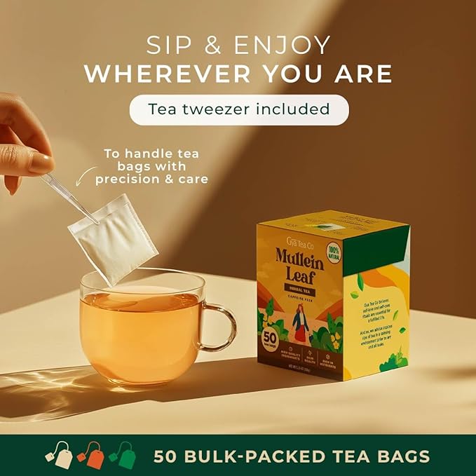 Gya Tea Co Mullein Leaf Herbal Tea Bags (50 Bags) - Caffeine Free with a Tangy Flavor for All Day Comfort, Calming, Relaxing & Nourishing - Fruit & Herbal Blends
