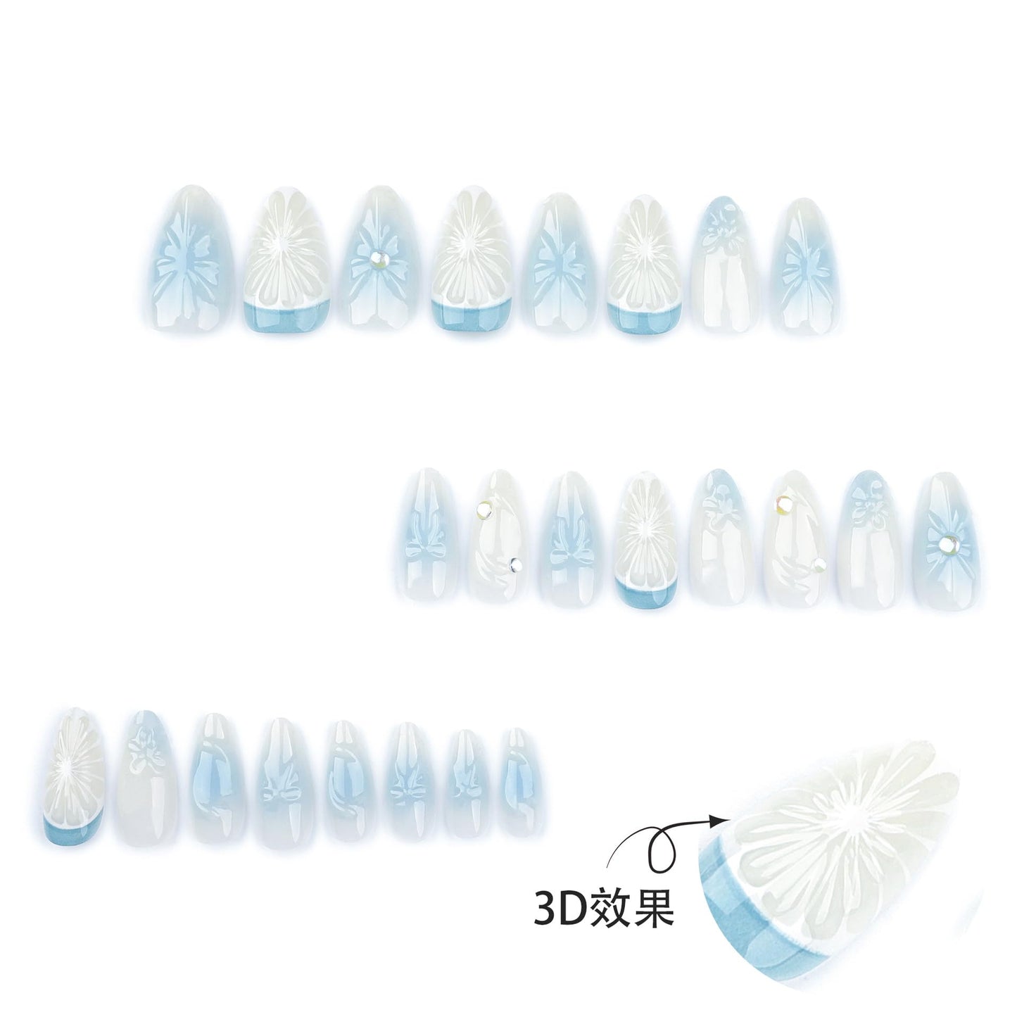 3D Summer Blue Press On Nails, Medium Almond Shape, 24pcs Fake Nails with Glue, Lemon Flower Bow Design, Pearl Gel Details, Reusable Acrylic Nails for Women