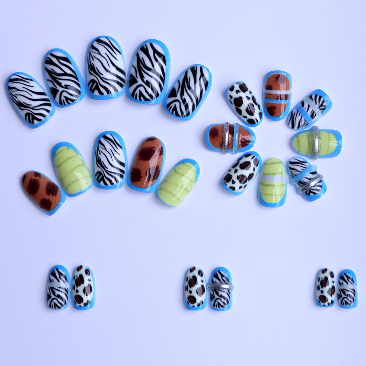 plalely Almond Press on Nails Medium Funny Fake Nail with Turtle，Zebra，Leopard Stripe Acrylic Nail Press ons Stick on Nails for Women 24pcs
