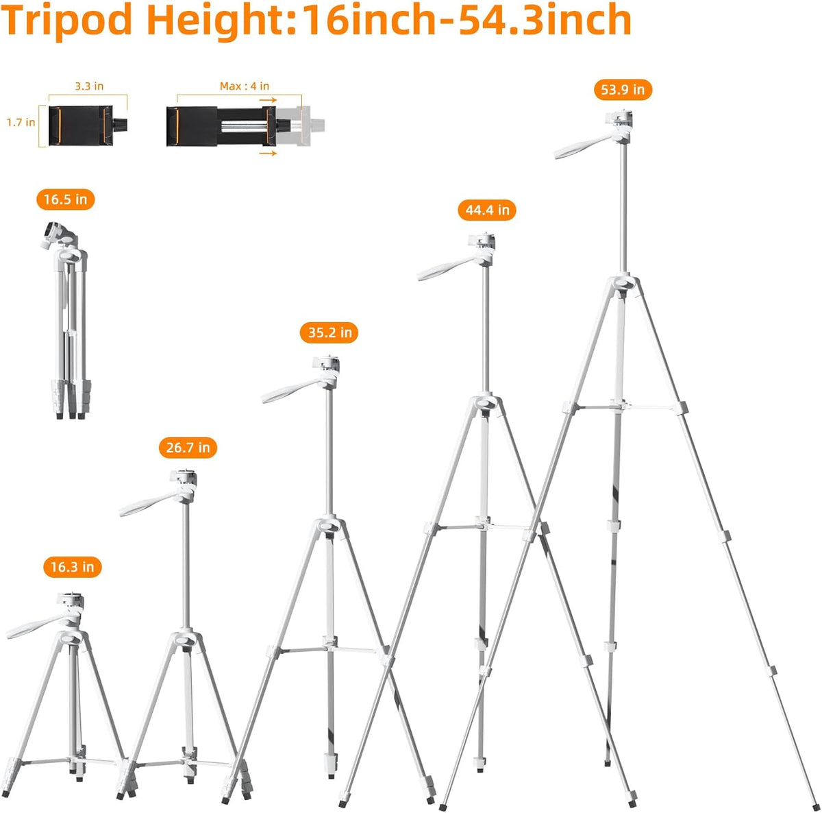 PHOPIK Extendable Tripod Stand - 55" Phone Tripod with 360 Panorama, Shutter-Video, 1/4" Mounting Screw for iPhone/Android/Sport Camera&Insta360 x5 - White