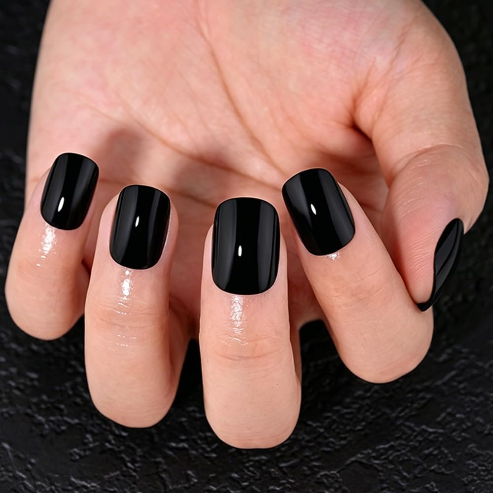 evpct Black Glossy Squoval Short Press on Nails for Women, Black Extra Short Squoval No Glue Stick on Nails with Kit, Reusable Full Cover Soft Press on Acrylic Fake Nail Salon-quality Perfectly Fit