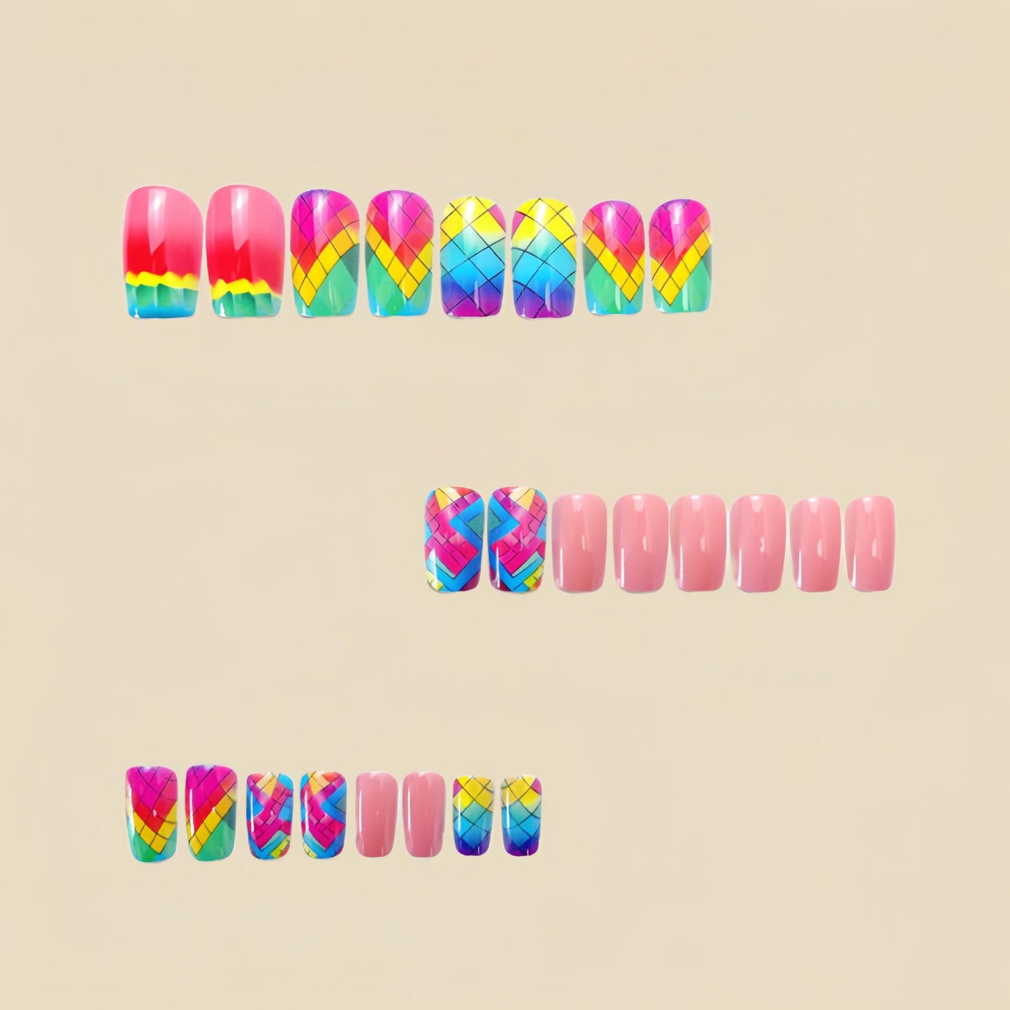 Square Press on Nails Colorful Rhombus Plaid Design Fake Nails Medium False Nails Glossy Acrylic Nails Cute Press on Nails Reusable Stick on Nails for Women Spring Summer Nails 24Pcs