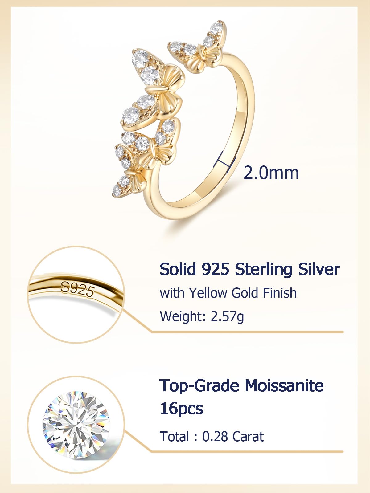 CYW Moissanite Gold Butterfly Ring for Women Adjustable 925 Sterling Silver Stacking Open Rings Size 9