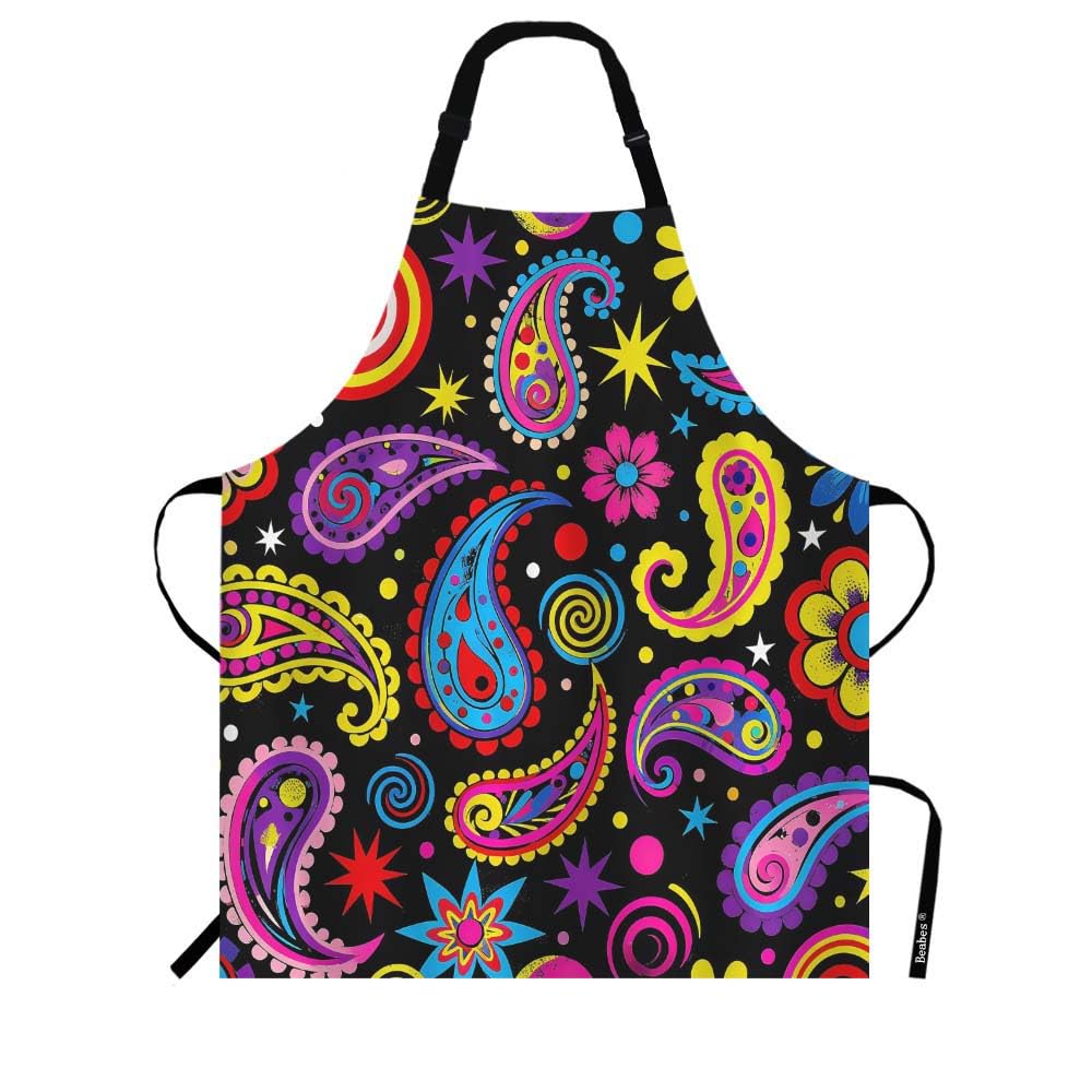 Beabes Flowers Paisley Flower Bib Apron Adjustable Neck Strap Abstract Colorful Circle Beauty Floral Folk Bouquet Pattern Polyester Work Apron Crafting BBQ Drawing Chef Waitress 27" X 31"