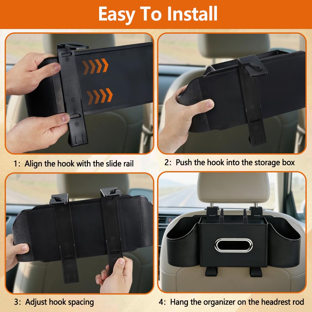 SEILETOO Back Seat Car Organizer with Car Seat Storage Hanging Bag, 4 in 1 Multifunctional Car Seat Back Storage Box, Car Organizer Back Seat with Tray, Hold Phone,Snacks, Drinks, Handbag