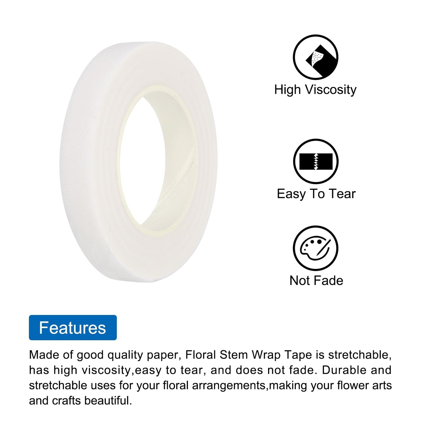 MECCANIXITY Floral Stem Wrap Tape Floral Tape 30yard Length 1/2 Inch Width for Bouquet Crafts Wedding Arrangement Pack of 12, White