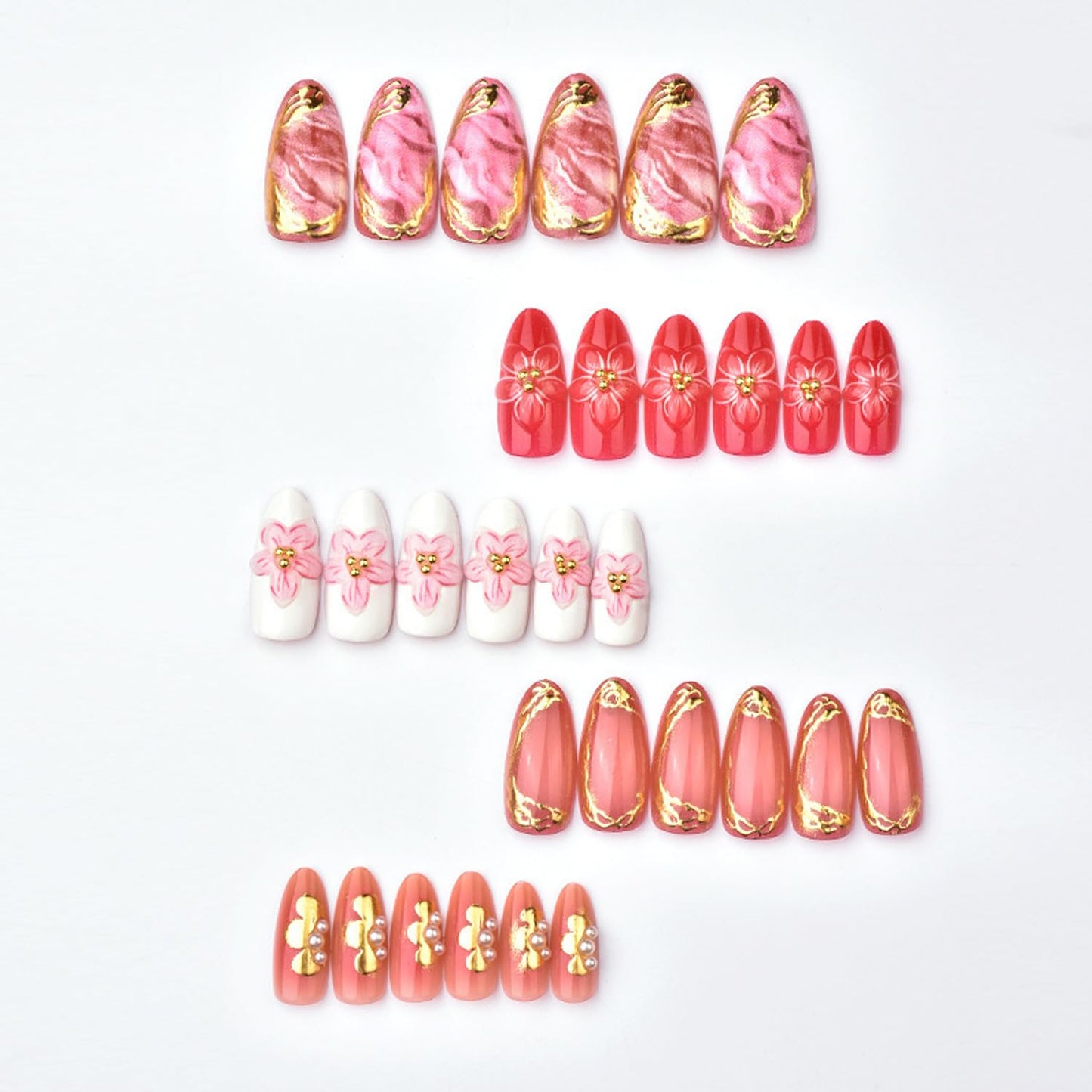 30pcs French Tip Press on Nails Medium Almond Fake Nails with 3D Flower Gold Beads Designs Lrregular Gilded Floral False Nail Cute Acrylic Nails Kit Pink Full Cover Glue on Nail for Women DIY Decor