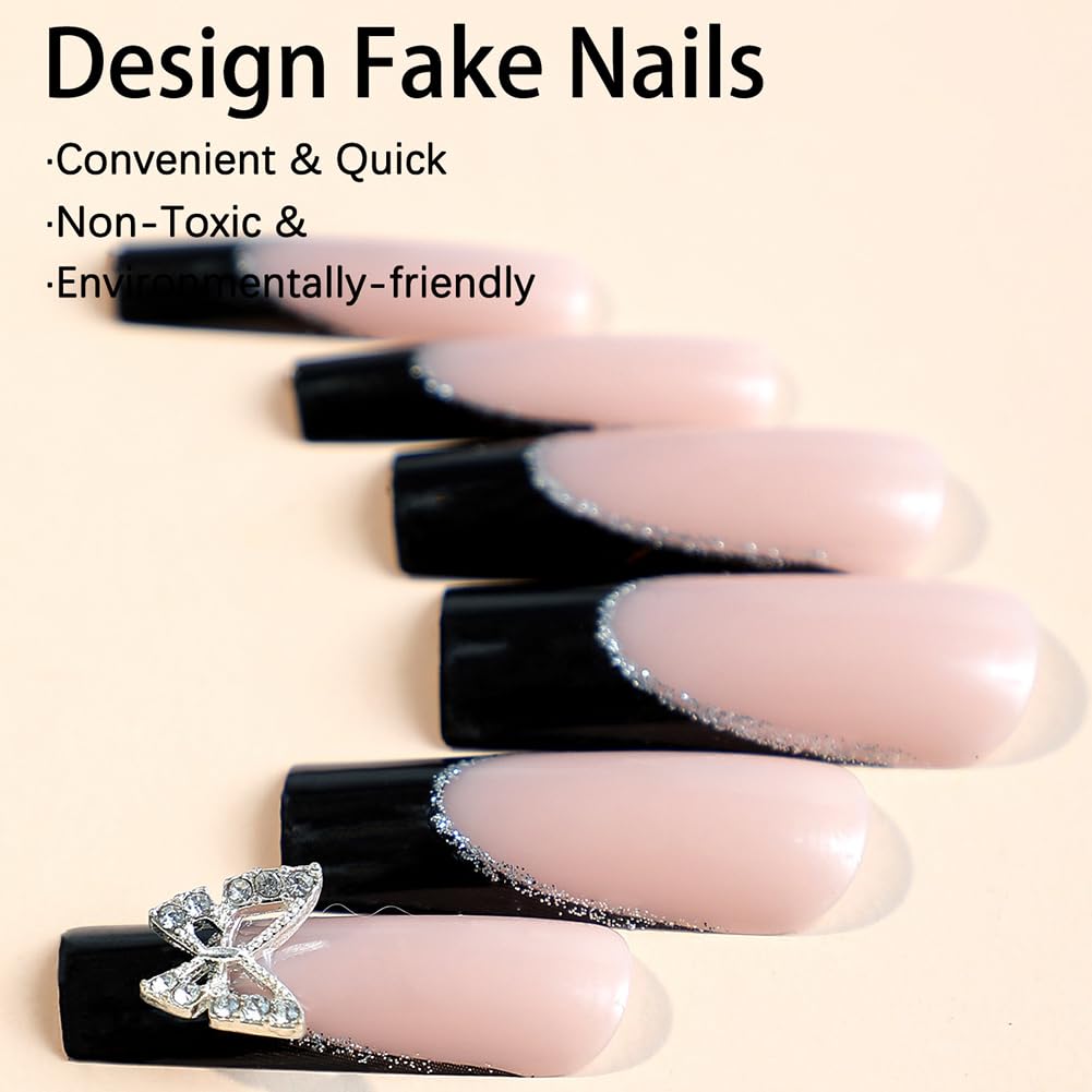 RUPOFUZA Extra Long Press on Fake Nails Black French Tip 24Pcs Square with Butterfly Nail Charms Designs Acrylic Press ons Artificial Stick on False Nails for Women