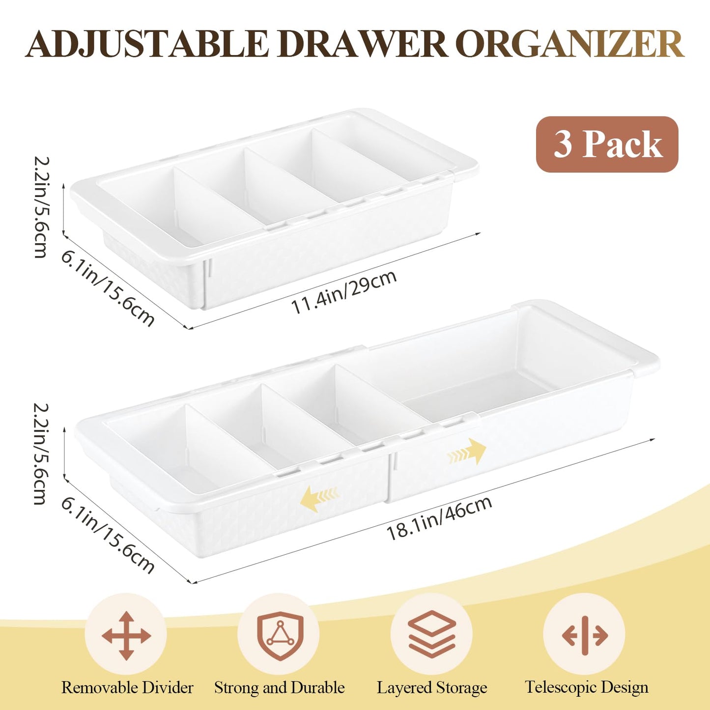 BrightRow 3 Pcs Expandable Drawer Organizer Bins Adjustable Deep Drawer Hanging Organizer Tray Expandable 11.4 to 18.1 Inches Plastic Dividers Storage for Office Bathroom Bedroom Kitchen Desk, White