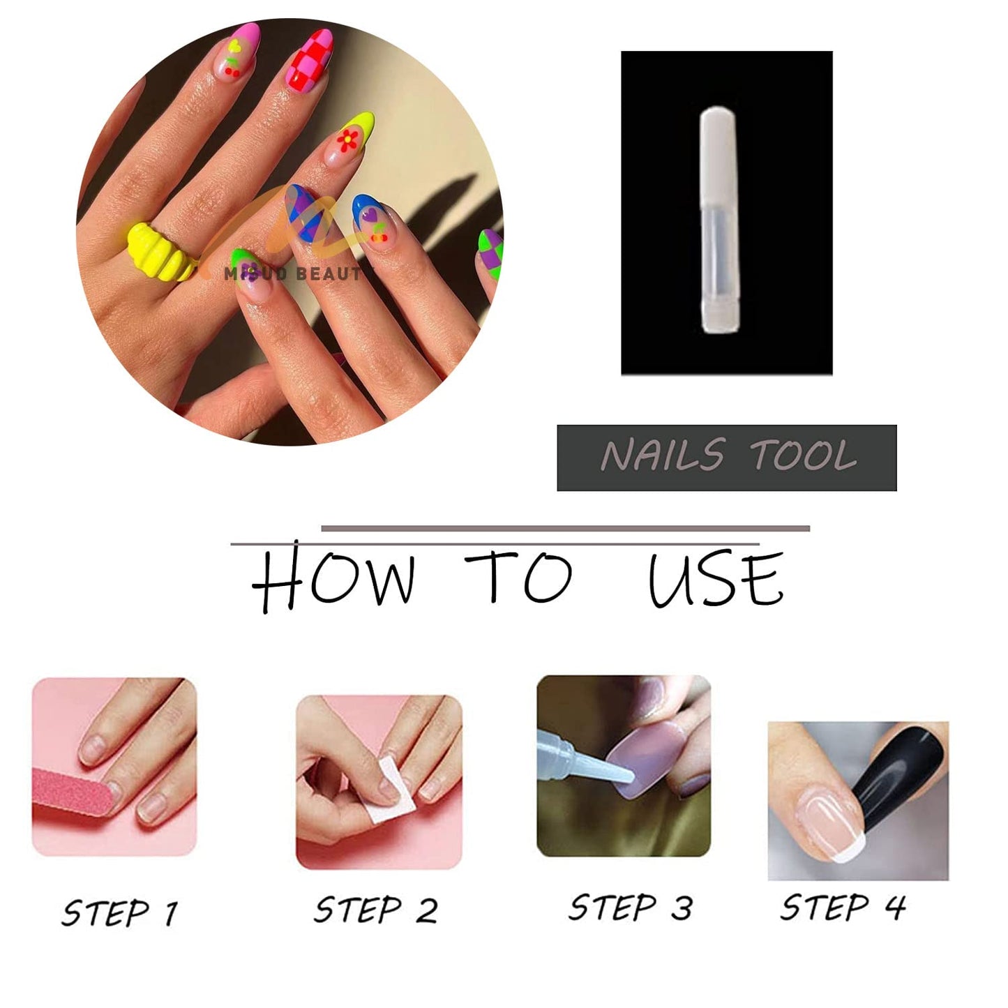 MISUD Press on Nails - Medium Almond Glue on Nails with Summer Colorful, Acrylic Rainbow Flower Design 24 pcs