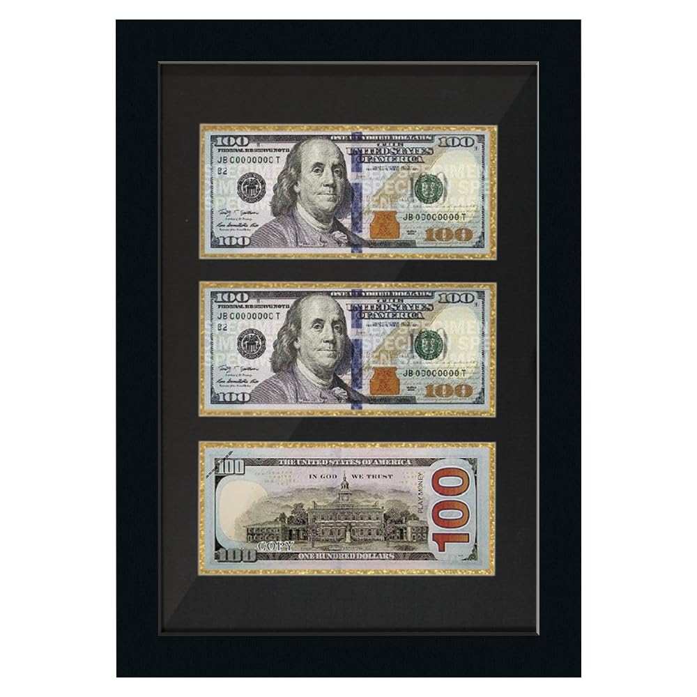 HUICAPTYI 3-Opening Dollar Bill Frame with Black Mat, Desktop Easel Stand & Wall Mount, Solid Wood Shadow Box for Currency & Money Display Case (gold border)