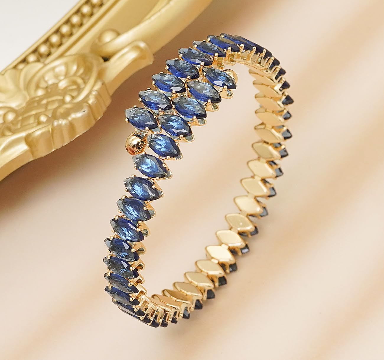 Wovanoo Rhinestone Cuff Bracelet Cubic Zirconia Tennis Bracelets Open Adjustable Elastic Bangle for Women Gold Blue