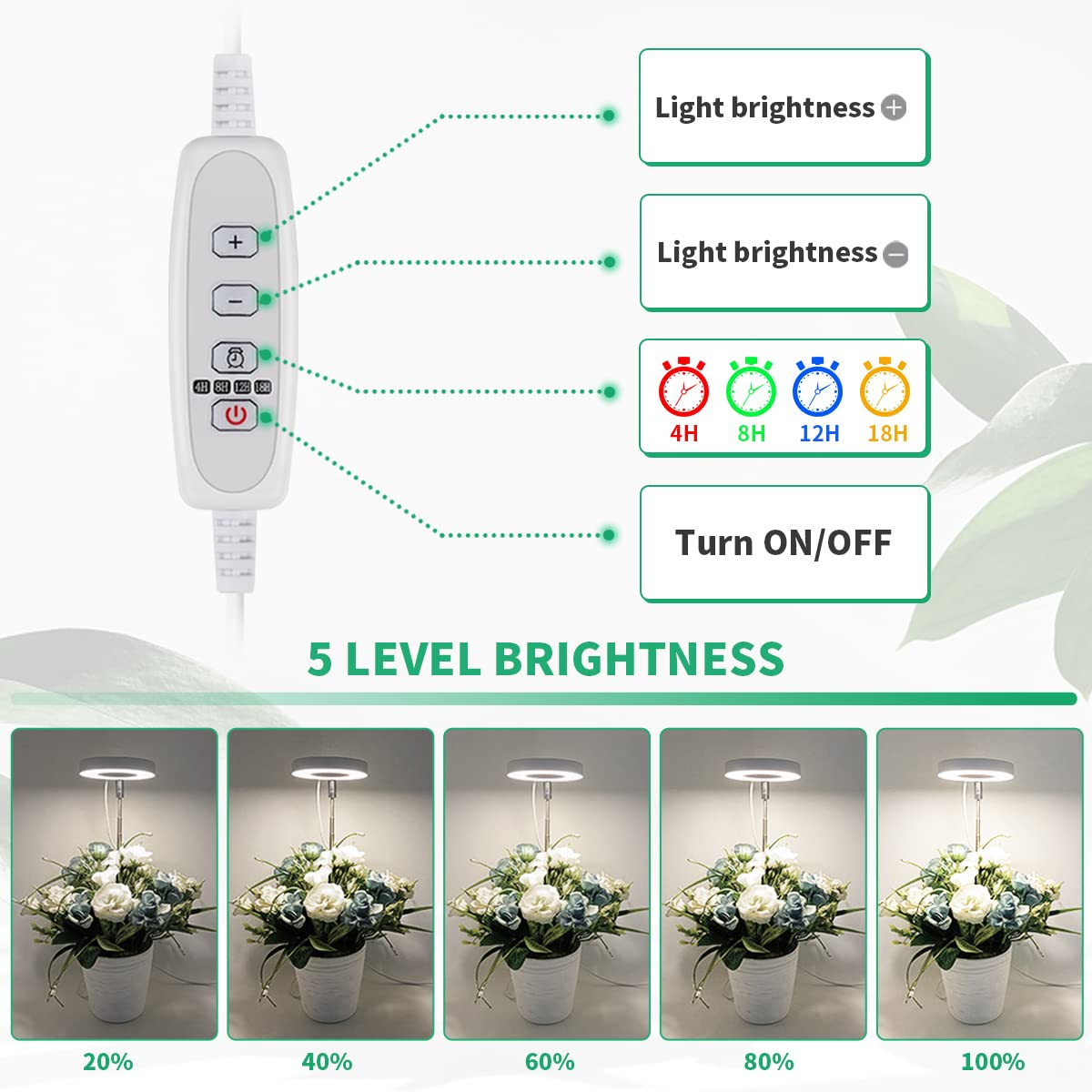 GYTF 2 Pack Halo Plant Grow Light, 6000K White LED Full Spectrum Growing Lamp for Indoor Plants, Succulents, Mini Bonsai, Small Plants, Height Adjustable, Dimmable & Timer 4/8/12/18Hrs