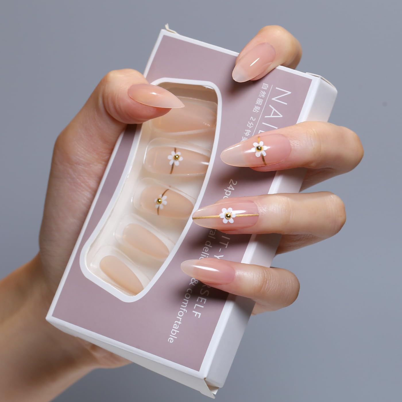 Goolich Milky Nude Press On Nails Medium Almond, Sheer Nude with Bead Floral Neutral Nails Press ons Set with Adhesive Tabs, 24 Pcs 12 Size Reusable Full Cover Glue on Nails for Women