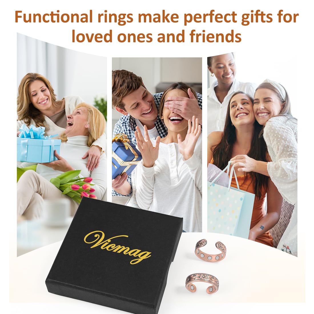 Vicmag 2PCS Magnetic Copper Rings for Women & Men,99.99% Pure Copper Ring with 9X Magnets Gift Adjustable(9X Plum)