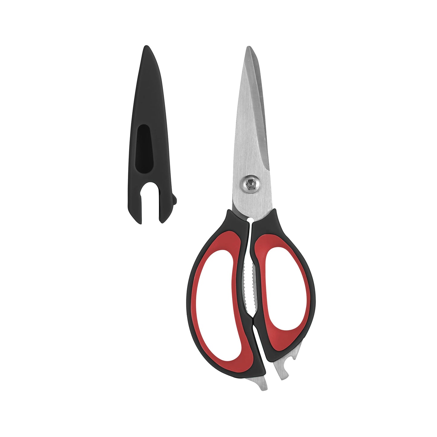 Farberware 4-in-1 Kitchen Scissors with Sheath, Multi-Use Kitchen Shears for Cutting, Jar Opener, Bottle Opener, Flathead Screwdriver - Stainless Steel Blades, 2-Piece Set (Black/Red)