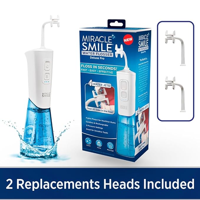Ontel Miracle Smile Water Flosser for Teeth&Gum Health, Unique H-Shaped Flossing Head&4 Water Jets, Cordless Water Flosser Features 360° Cleaning&3 Pressure Modes, USB Rechargeable Dental Floss, White