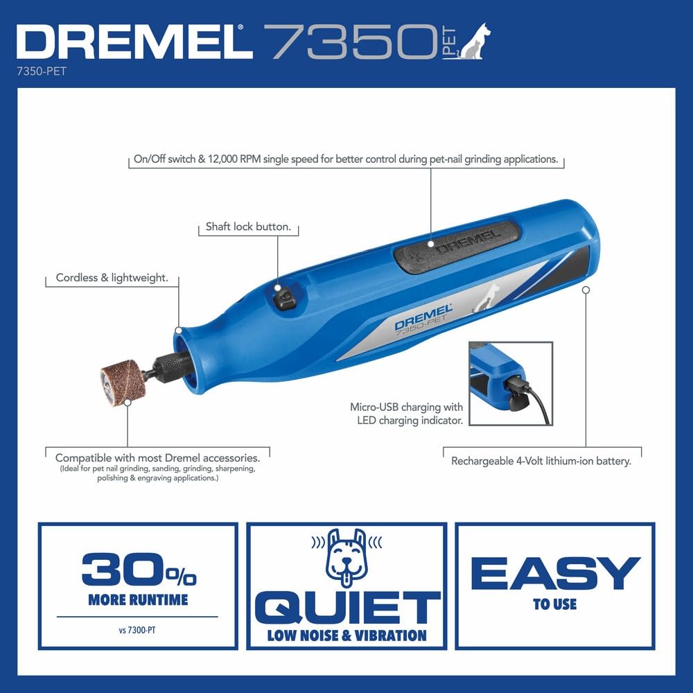 Bundle of Dremel 7350-PET 4V Pet & Dog Nail Grinder, Professional Pet Grooming Kit - Works on Large, Medium, Small Dogs & Cats + 416HP - Diamond Coated Rotary Nail Grinder Bit