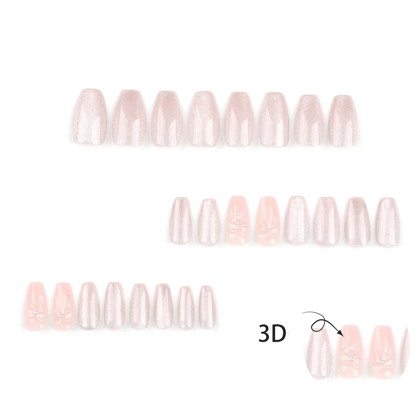Light Pink Press on Nails Medium Coffin SWEKKE Fake Nails Full Cover 3D Bow False Nails with Pearl Designs Glossy Glue on Nails Cute Acrylic Nails Artificial Nails for Women Girls 24Pcs