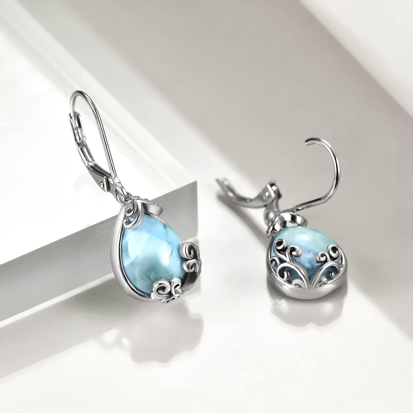 POPLYKE Larimar Filigree Teardrop Drop Dangle Earrings Sterling Silver Leverback Earrings Jewelry