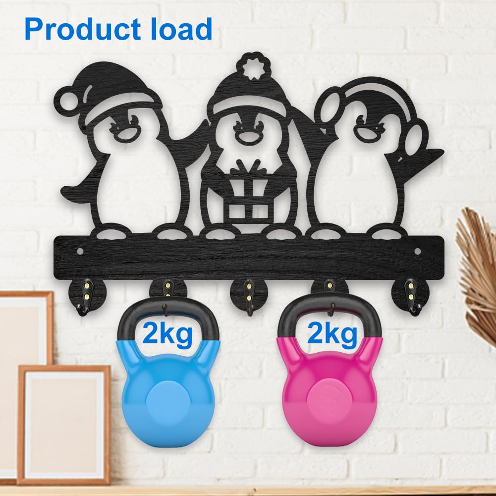 MAYJOYDIY Wood Penguin Key Hook Wall Mount 11.8 x 7.8 inches Christmas Hat Gift Box Key Rack Penguin Animal Themed Coat Hat Hook Wall Decor with 5 Alloy Hooks for Entryway Bedroom Living Room