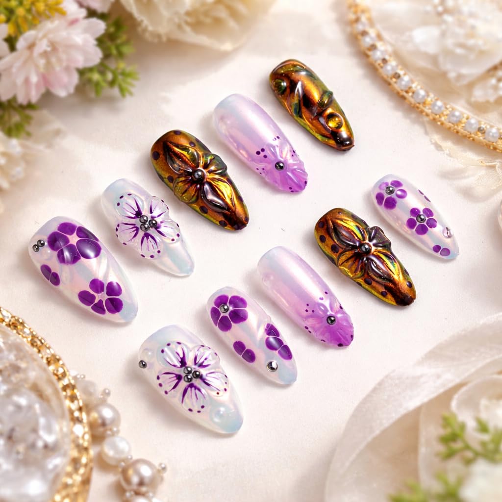 IntoVibes 10 Pieces Handmade Press On Nails Medium Almond, Purple Thickened False Nails With Floral Decoration, Reusable Fake Nails Almond, Reusable Acrylic Nails (S)