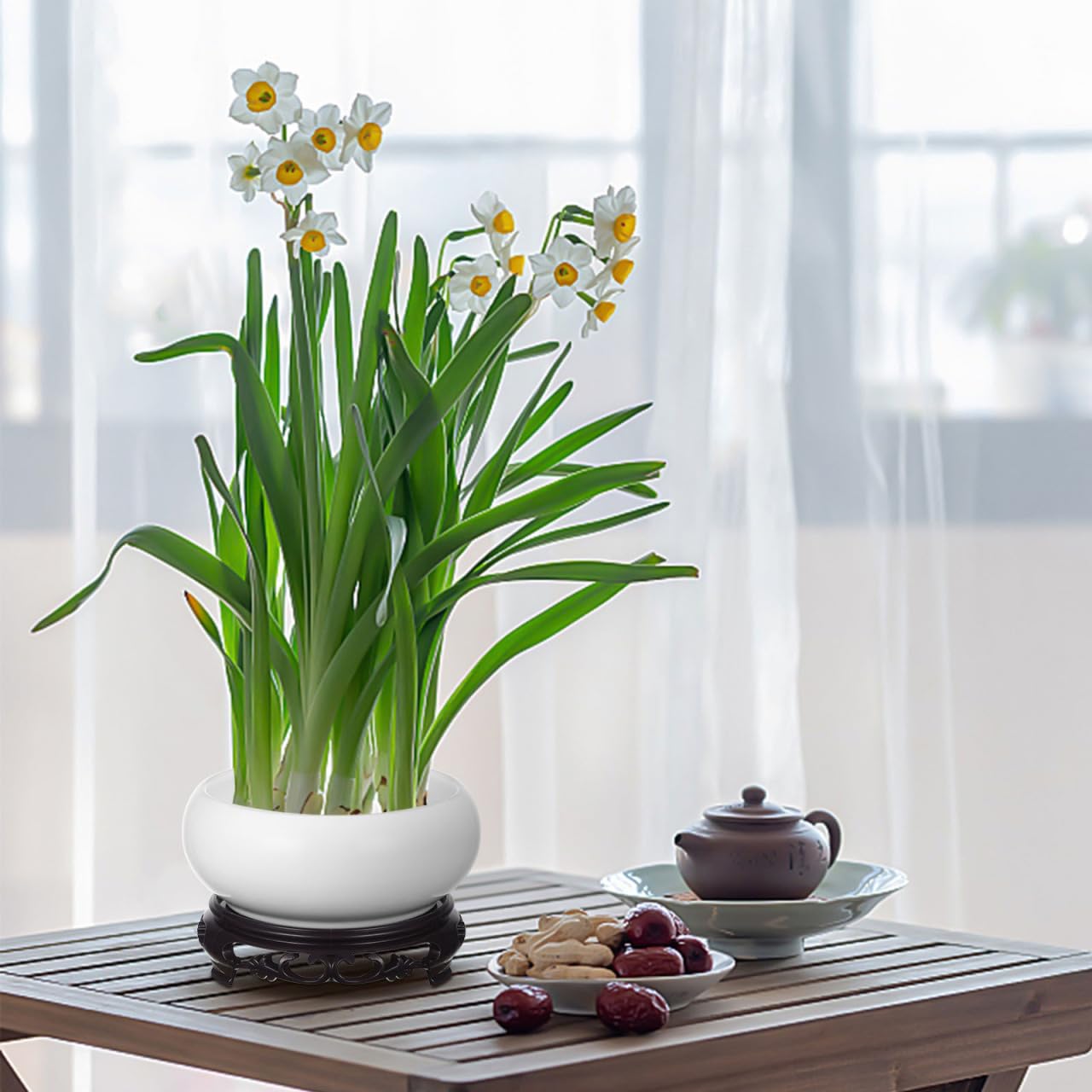 Kisangel Ceramic Lotus Bowl Planter, Hydroponic Water Lily Bowl with Plastic Base, No Holes Round Flower Succulent Planter Pot for Indoor