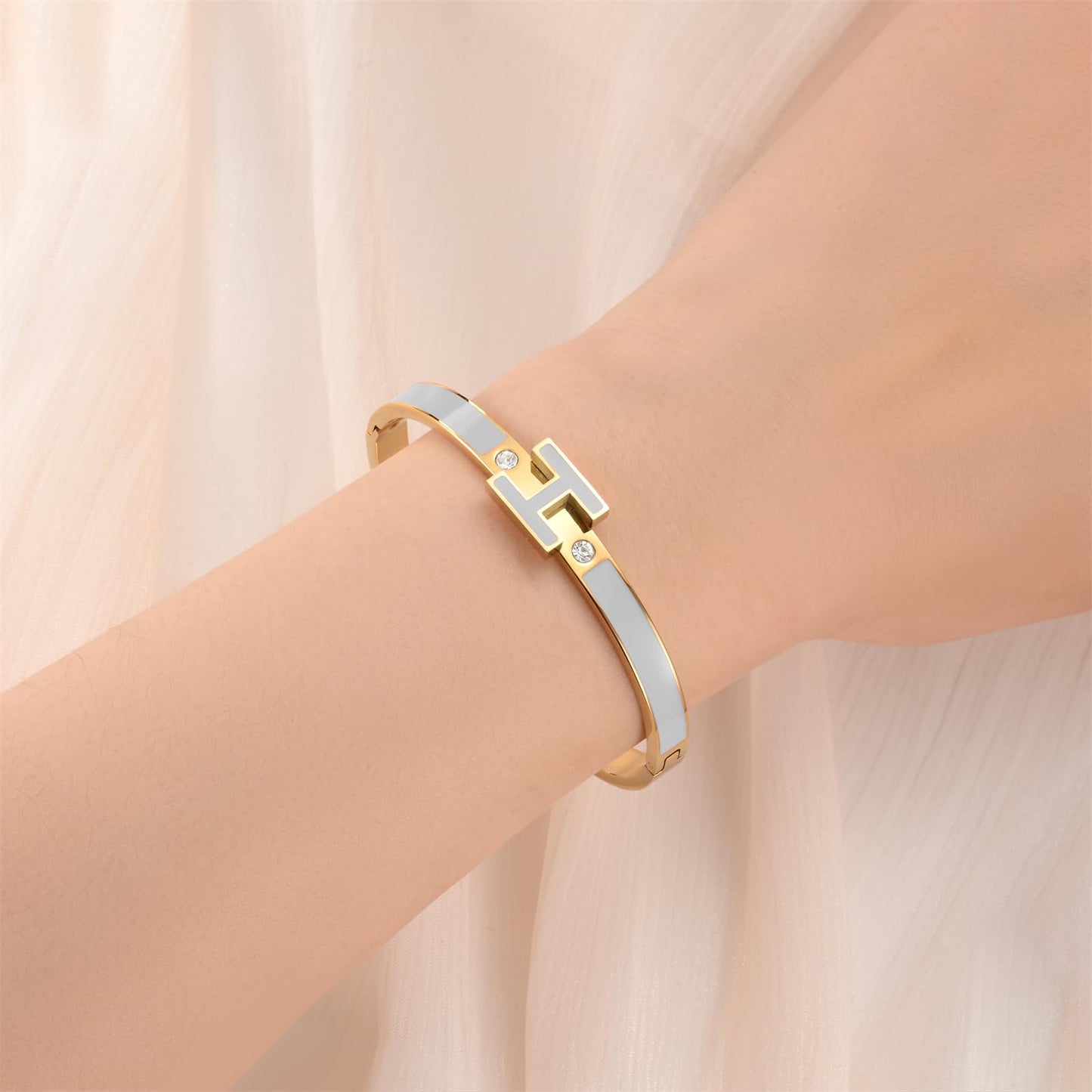 Hothink Gold Bracelets for Women, H Bangle Bracelet, Dainty 18K Gold Plated Stainless Steel Enamel Bracelet for Everyday, Work, Party, Stackable Gift for Mom, Wife, Girlfriend