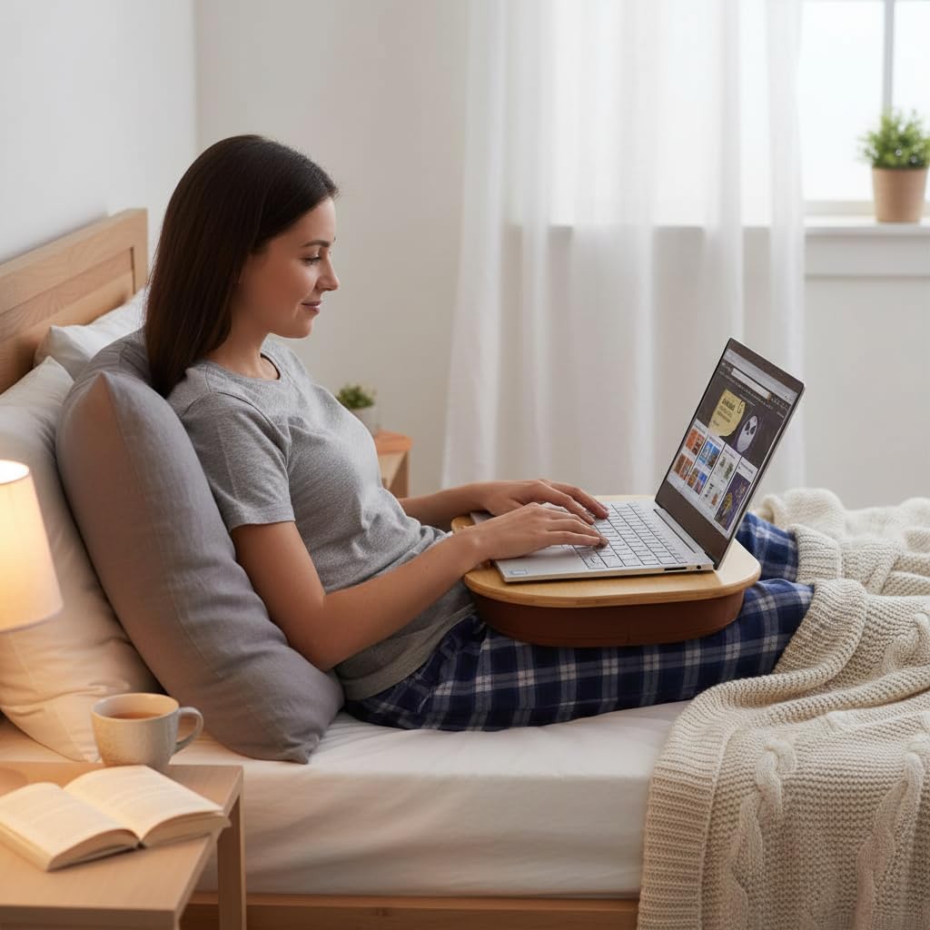 SANJIMO Lap Desk for Laptop with Cushion-Fits up to 15 inch, Bamboo Computer Laptop Stand with Phone Hoder, Anti-Slip Stopper