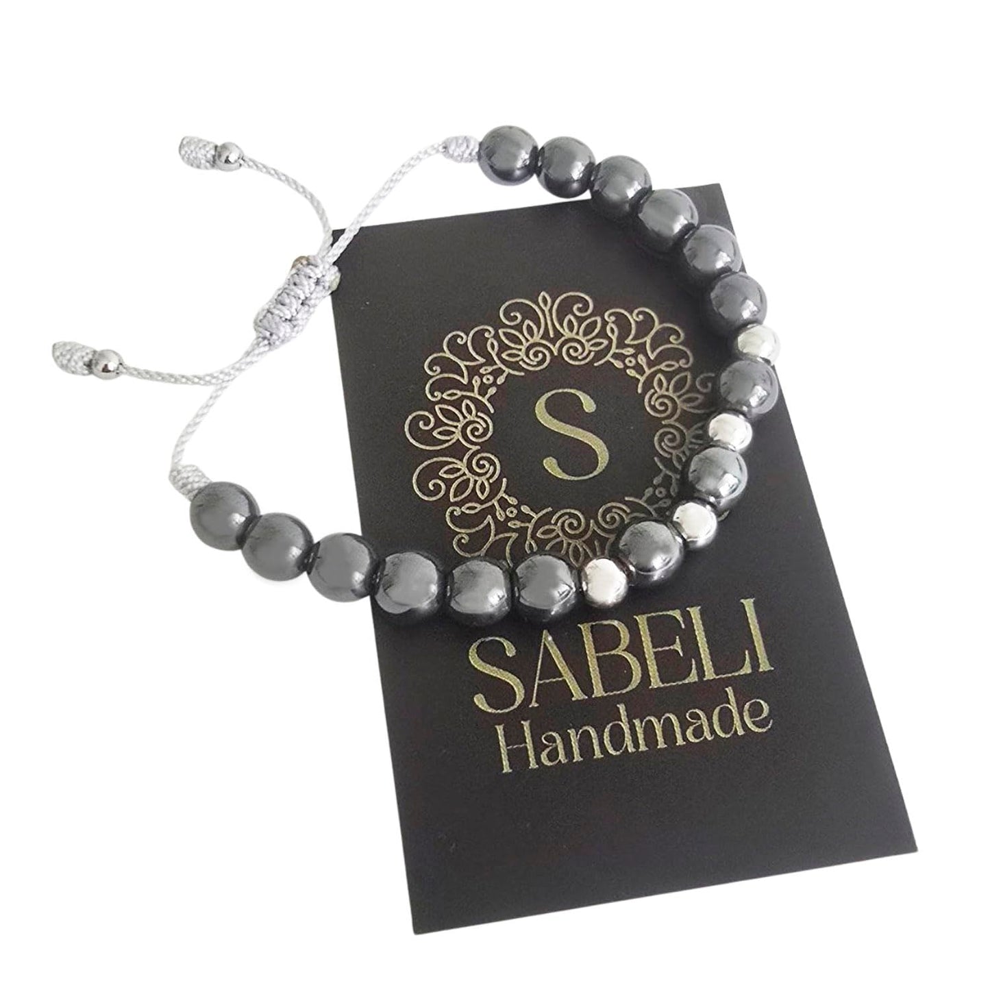 Sabeli Handmade Bracelets Real Natural Stones Healing Protection Focus 8mm Bead Adjustable Macrame Women Men Gemstone Gift (Hematite)