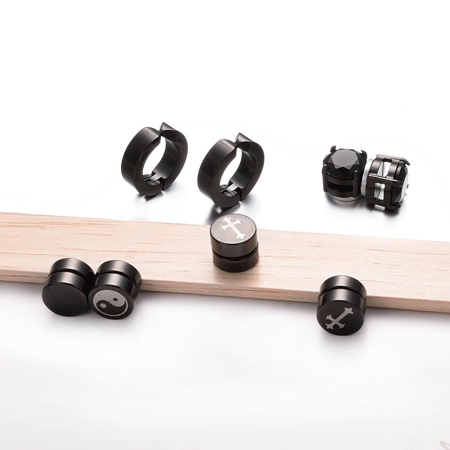 Airokiy 4 Pairs Magnetic Earrings For Men Non Pierced Fake Earrings For Men Black Clip On (8/13mm)