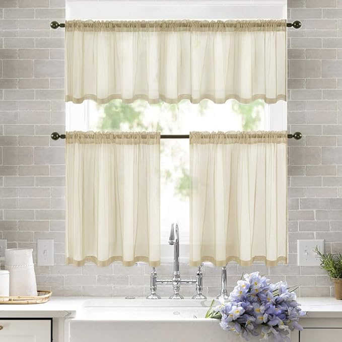 MIULEE Short Sheer Curtains 30 Inch Length for Kitchen Bathroom Cafe Half Window Treatment, Rod Pocket Tier Curtains 2 Panels, 29x30 Inches Long, Beige