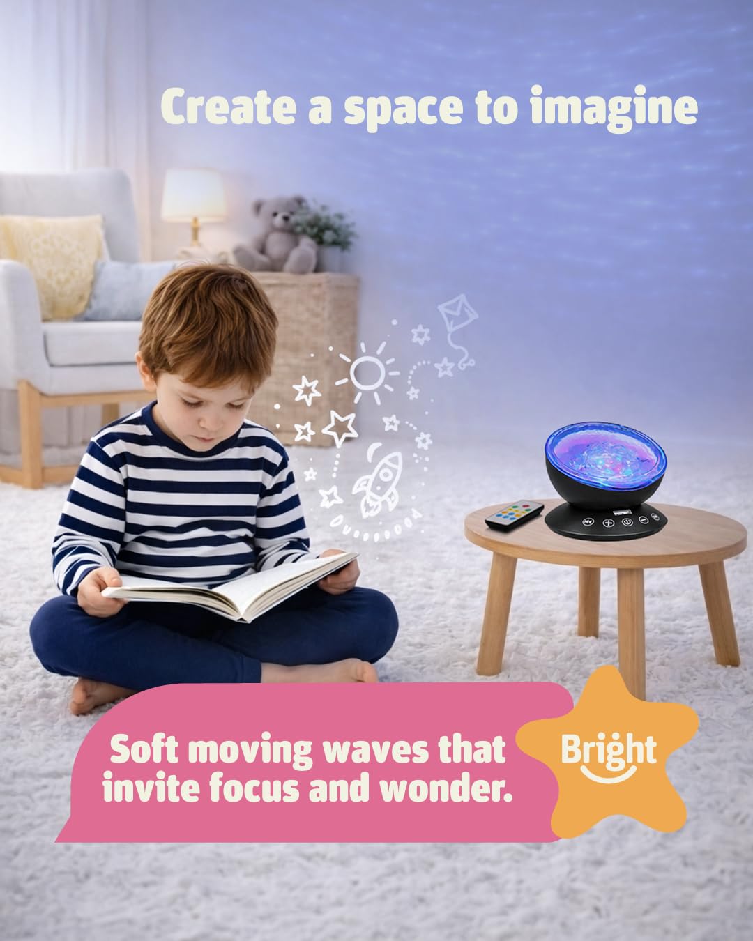 Bright Autism Calming Sensory Sea Lamp - Night Light Projector for Kids, 7 Light Modes, Color Changing Music Player, Nature Relaxation Sounds