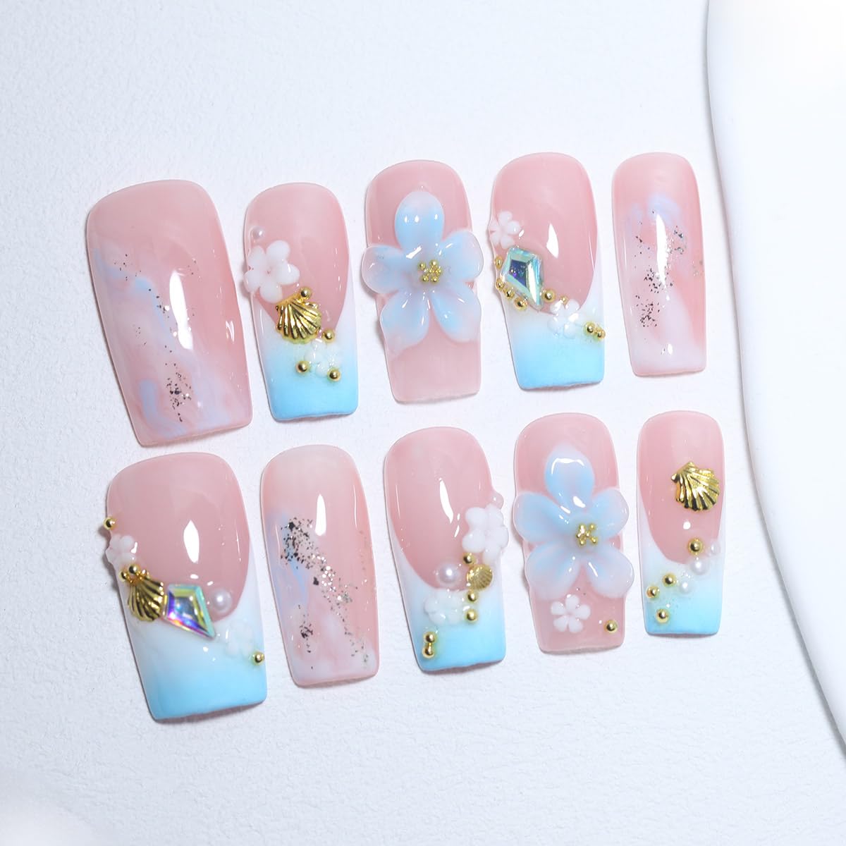 10Pcs Long Coffin Handmade Press On Nails | Easy Apply & Remove, Reusable Salon Quality Nails | Fresh Summer Pink Blue Fake Nails with 3D Flower, Gold Seashell & Rhinestone French Accents(O907, M)