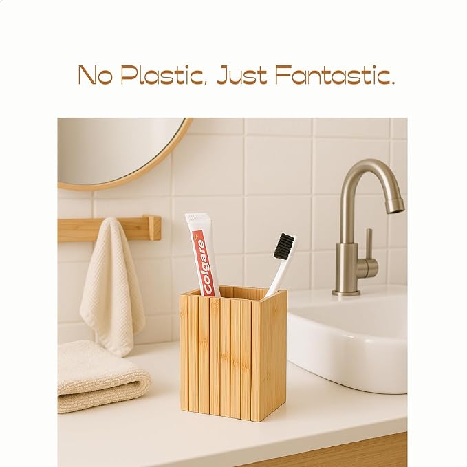 2 Pack Natural Bamboo Toothbrush Holder, Fluted Square Design for Countertop, Multipurpose Pen Holder or Desktop Organizer, Natural
