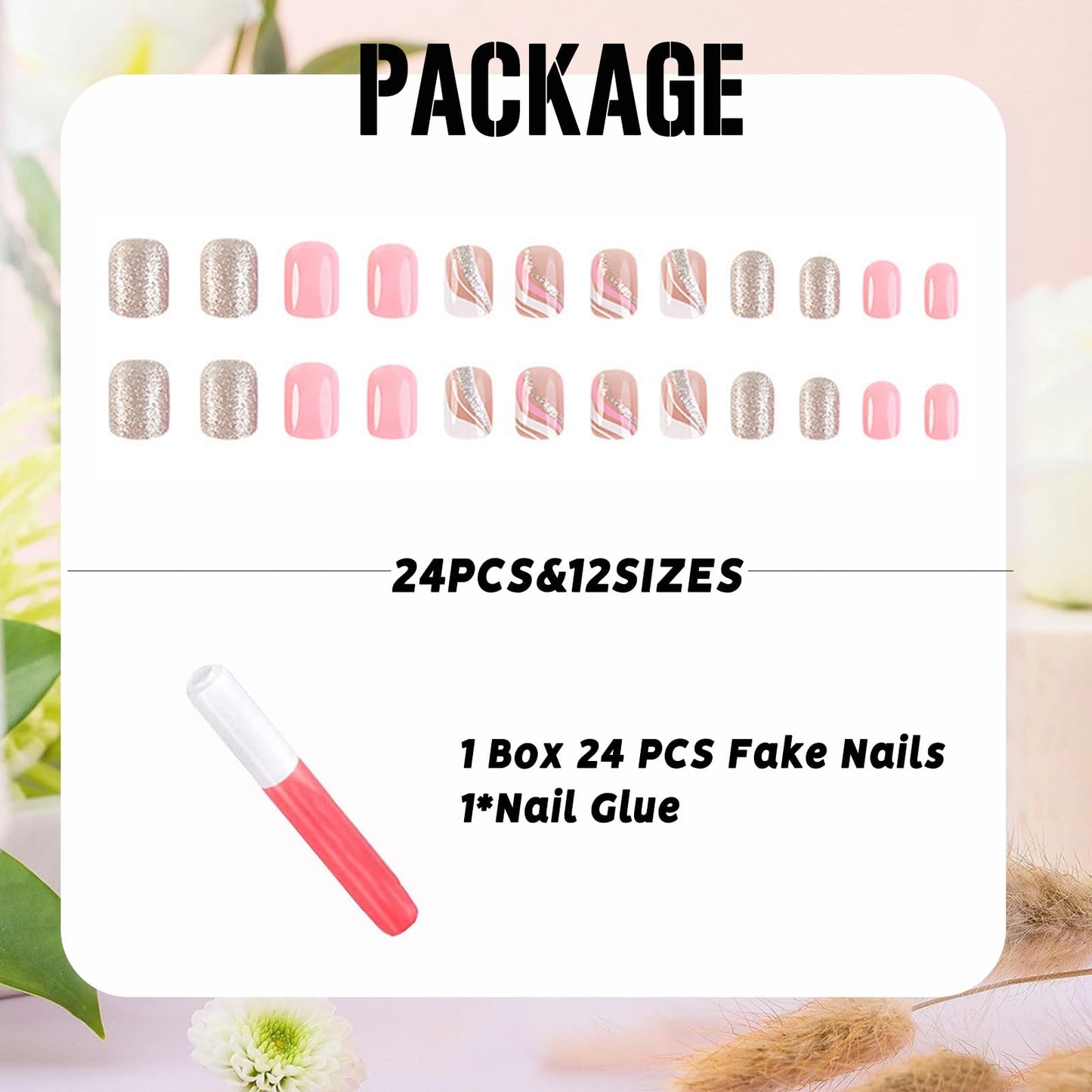 IMSOHOT Short Press on Nails Square French Tips Fake Nails Pink Silver Glitter Designs Full Cover Cute Acrylic Glossy Squoval Glue on False Nails for Women Girls 24Pcs