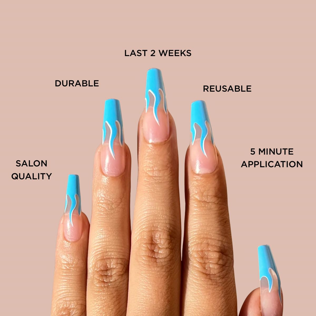 OCEAN FLAME Press-On Nails by Lavaa Beauty | Extra-Long Coffin | Blue Flame Tip Design
