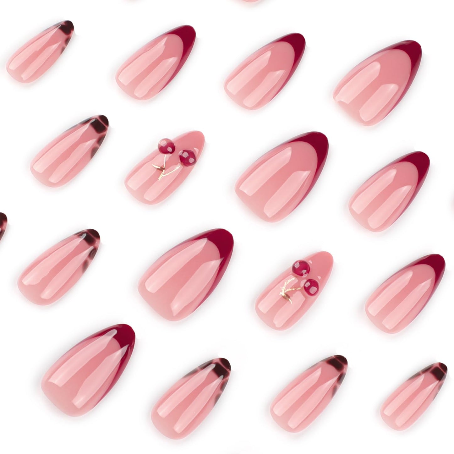 Mivota Medium Press On Nails Almond – 3D Cherry Design with Gold Branch, Red French Tips & Leopard Pattern, 24PCS Acrylic Fake Nails with Glue & Tools, Glossy Reusable Stick On Nails for Women