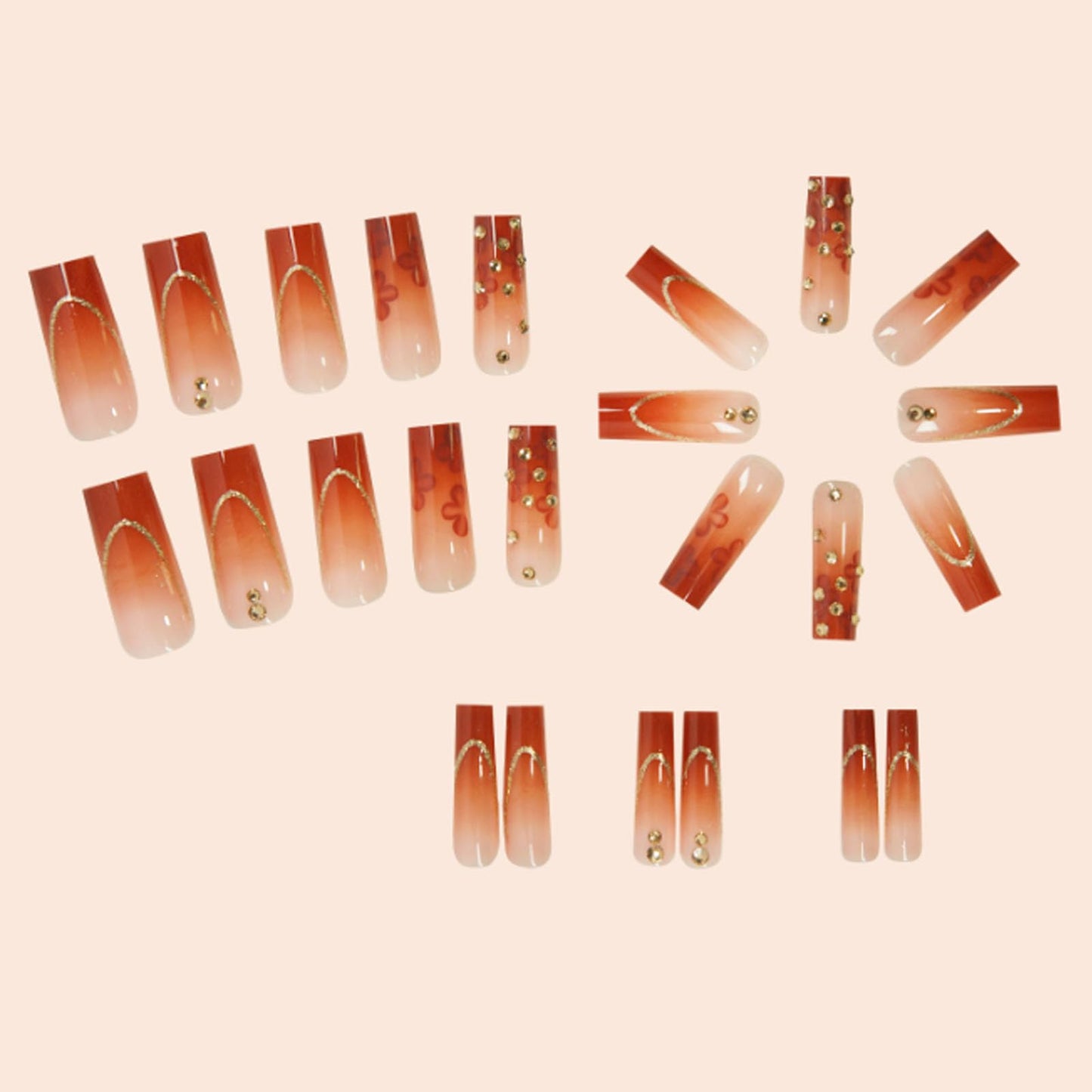 Hkanlre Gradient Press on Nails Medium Brown Fake Nails Tips Full Cover Square False Flower Nails for Women and Girls 24PCS