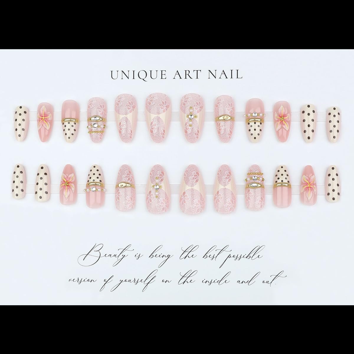 Medium Almond Press on Nails 3D Flower Fake Nails with Lace, Gold Rings Charms Polka Dot False Nails Press ons Full Cover Glossy Stick on Nails for Women Manicure Kit 24Pcs