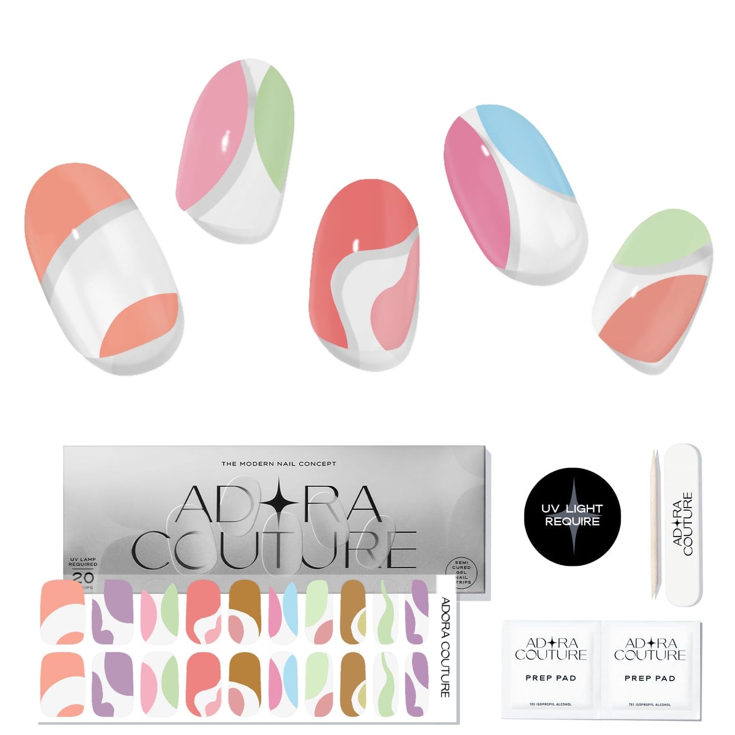 Adora Couture Semi Cured Gel Nail Strips with 20 Pieces - UV Gel Stickers, Manicure Kit, Easy Application Wraps Includes Prep Pads, Nail File, Wooden Stick - UV Light Required (Summer Fun)