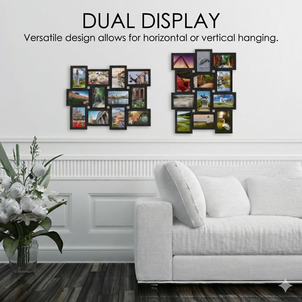 MELANNCO Collage Picture Frame for Wall, Holds 12 Photos - Six 4x6 and Six 6x4 Images, 18x23 Inch Black Plastic Frame, Hang Horizontal or Vertical, Gallery Wall Decor
