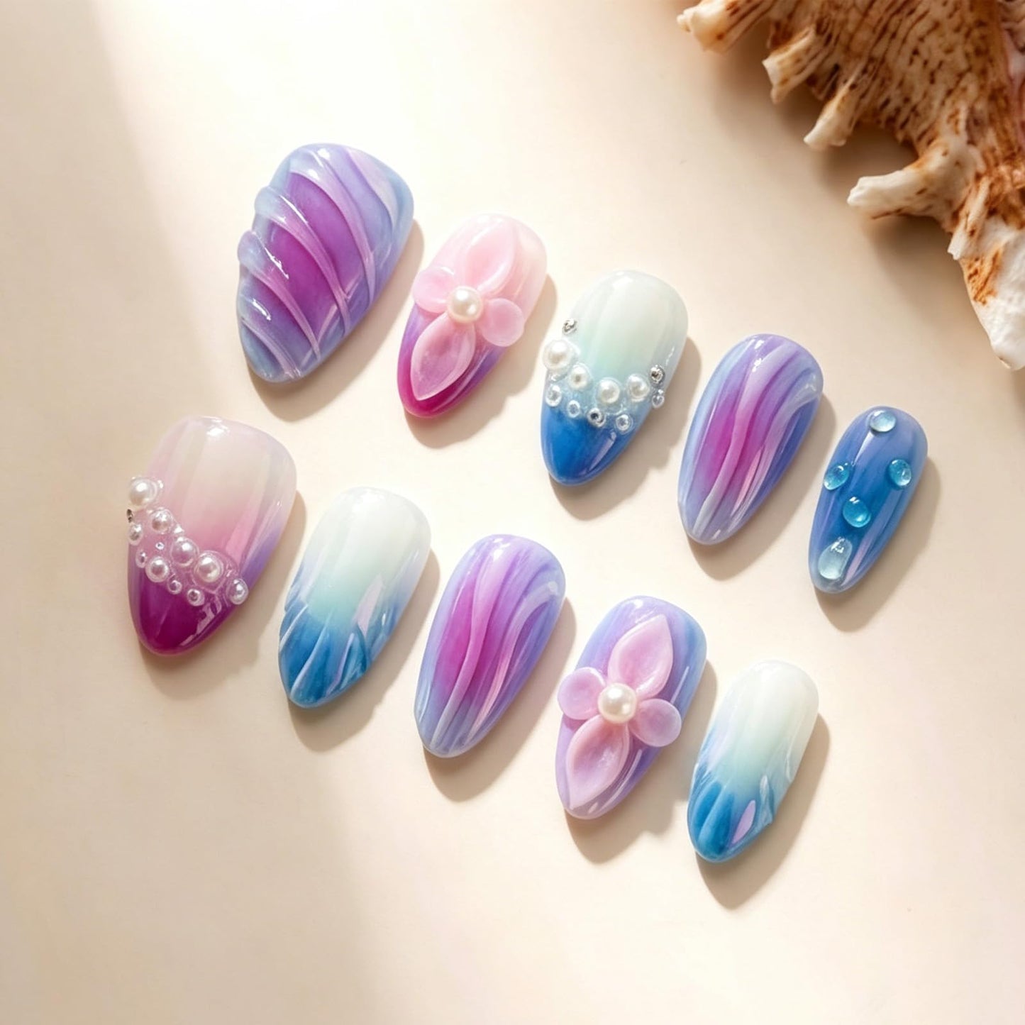 Almond Shape Handmade Press on Nails, Mermaid Tail Wave Texture 3D Floral Pearl Decor Aurora Gradient Luxury Party Style Reusable for Women 10 Pcs(Size M)