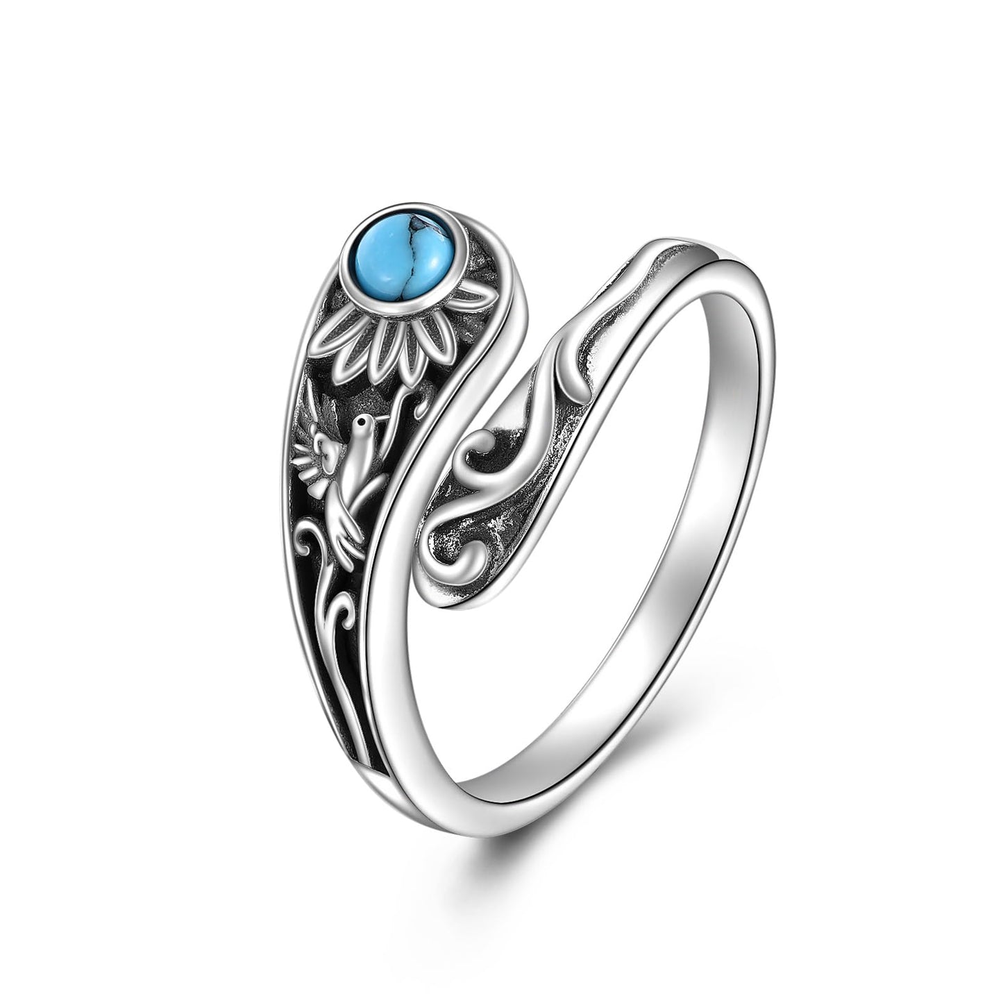POPLYKE Sterling Silver Hummingbird Turquoise Spoon Ring Vintage Thumb Rings Boho Adjustable Open Ring Statement Jewelry Gifts for Women
