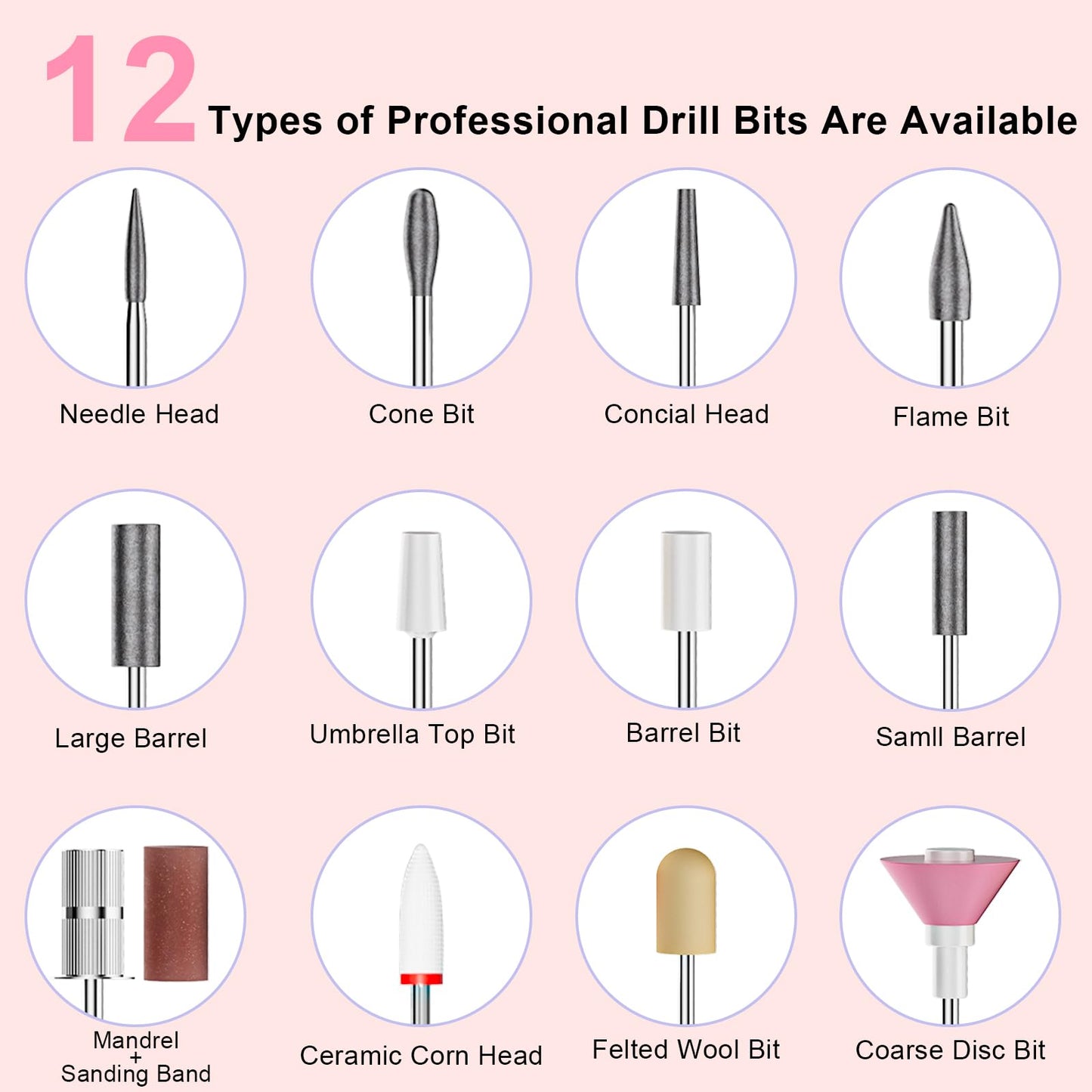 Professional Electric Nail Drill 40000RPM for Salon Home Use, Rechargeable Nail File Machine Kit with 12PCS Bits for Acrylic Gel Nails, Portable Efile Manicure Pedicure Tool (White)