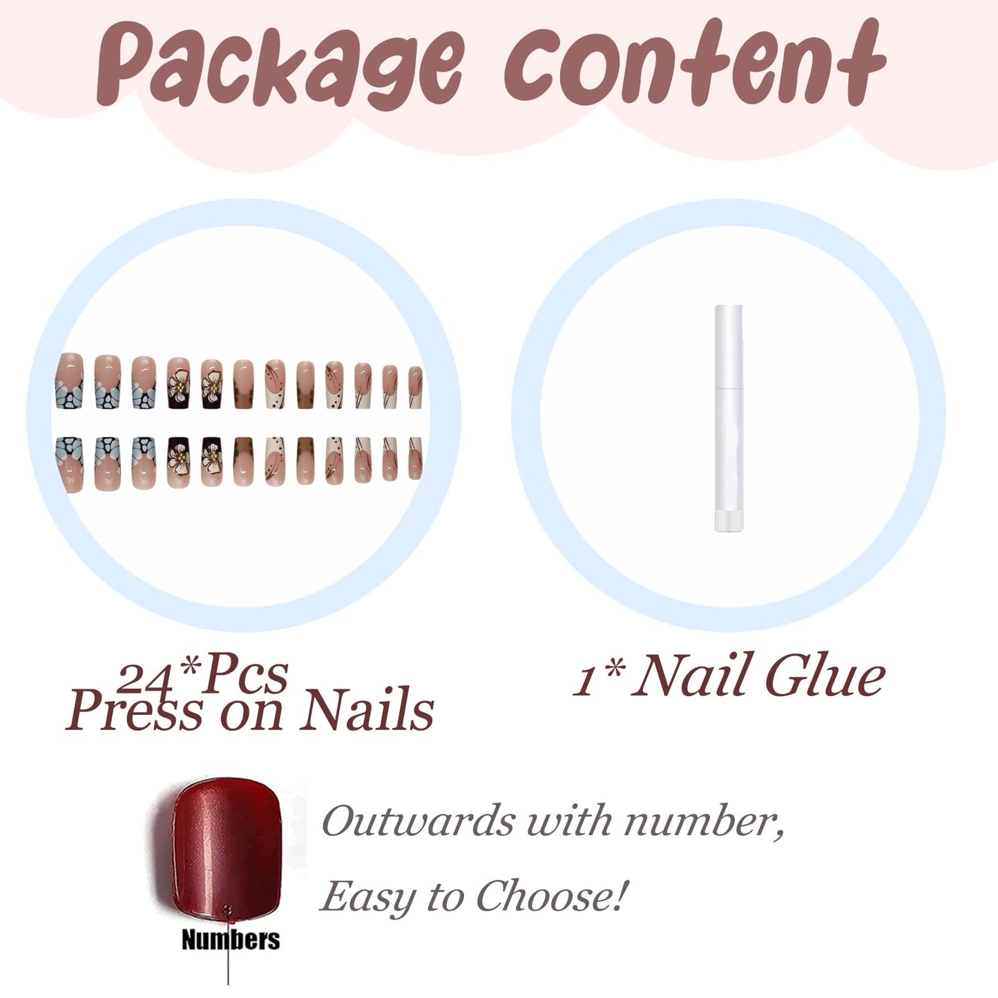 BABALAL Press on nails Medium Square Fake Nails Brown French Tip Glue ons Flower Fall Design Y2k Acrylic Supplies 24Pcs Squoval Manicure Full Cover False Nails Art