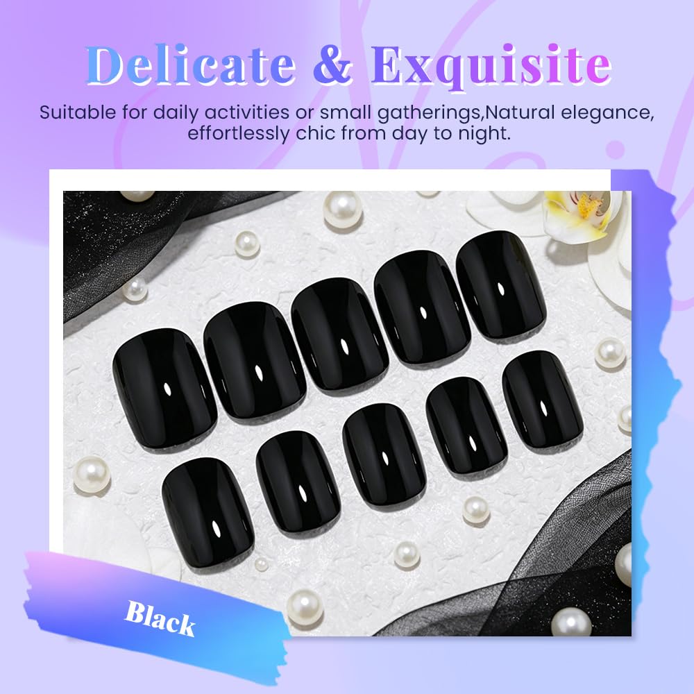 evpct Black Glossy Squoval Short Press on Nails for Women, Black Extra Short Squoval No Glue Stick on Nails with Kit, Reusable Full Cover Soft Press on Acrylic Fake Nail Salon-quality Perfectly Fit