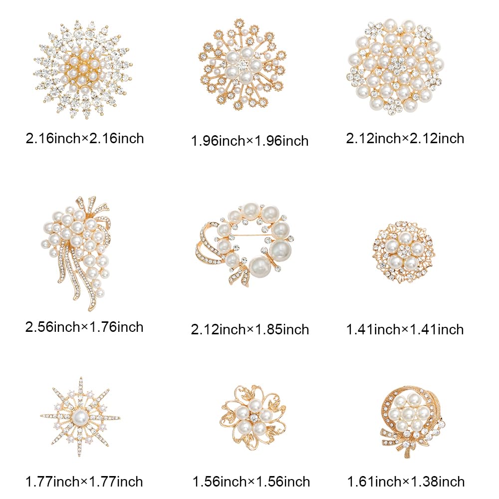 Achairder 9 Pack Gold Crystal Rhinestone Flower Brooch Pin Set for DIY Wedding Party Bouquets Embellishment Crafts Decor
