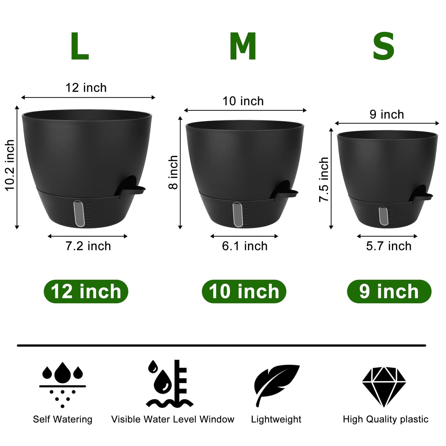 QRRICA 10/9/8/7.5/7 Inch Self Watering Pots and 12/10/9 Inch Water Level Indicator Plant Pots